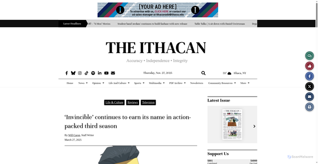 Security scan screenshot of https://theithacan.org/60274/life-culture/reviews/invincible-continues-to-earn-its-name-in-action-packed-third-season/