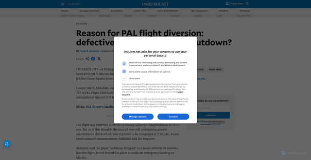Security scan screenshot of https://newsinfo.inquirer.net/855675/reason-for-pal-flight-diversion-defective-air-con-or-engine-shutdown