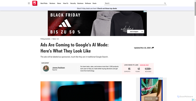 Security scan screenshot of https://au.pcmag.com/ai/114346/ads-are-coming-to-googles-ai-mode-heres-what-they-look-like