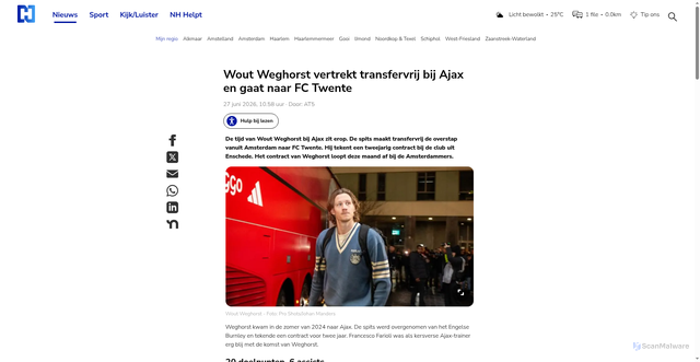 Security scan screenshot of https://www.nhnieuws.nl/nieuws/361126/wout-weghorst-vertrekt-transfervrij-bij-ajax-en-gaat-naar-fc-twente