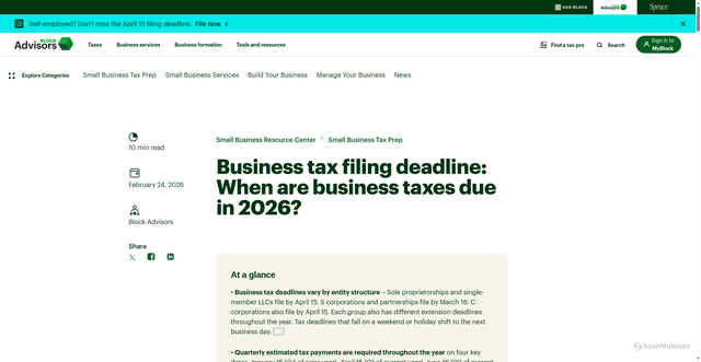 Security scan screenshot of https://www.blockadvisors.com/resource-center/small-business-tax-prep/tax-deadlines/