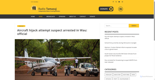 Security scan screenshot of https://www.radiotamazuj.org/en/news/article/aircraft-hijack-attempt-suspect-arrested-in-wau-official
