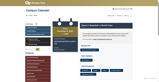 Security scan screenshot of https://calendar.gatech.edu/event/2025/12/08/womens-basketball-vs-norfolk-state