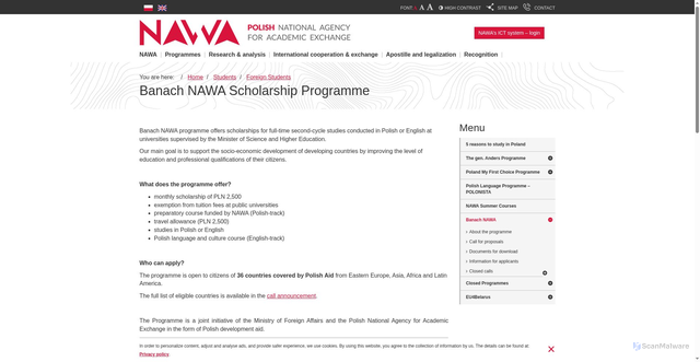 Security scan screenshot of https://nawa.gov.pl/en/students/foreign-students/the-banach-scholarship-programme