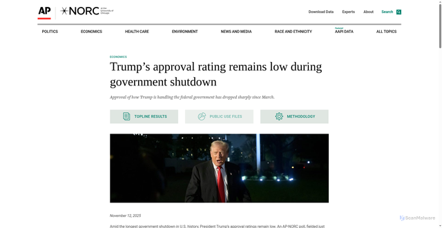 Security scan screenshot of https://apnorc.org/projects/trumps-approval-rating-remains-low-during-government-shutdown/