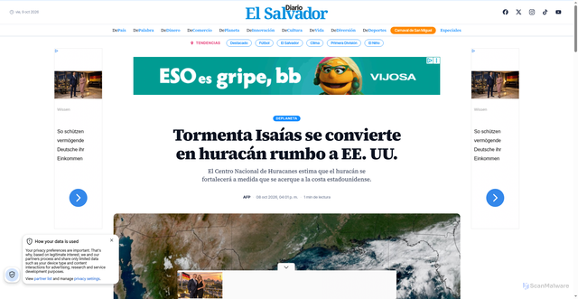 Security scan screenshot of https://diarioelsalvador.com/deplaneta/tormenta-isaias-se-convierte-en-huracan-rumbo-a-ee-uu/862145
