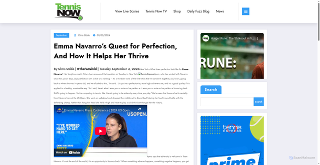 Security scan screenshot of https://tennisnow.com/emma-navarros-quest-for-perfection-and-how-it-helps-her-thrive/