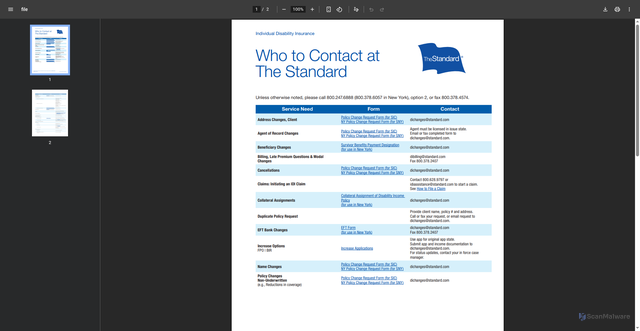 Security scan screenshot of https://windsorinsurance.com/document-manager/disability-insurance/the-standard/contact-1/1330-contact-the-standard