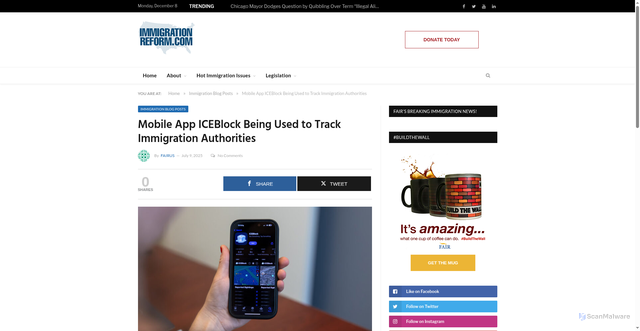 Security scan screenshot of https://www.immigrationreform.com/2025/07/09/mobile-app-iceblock-being-used-to-track-immigration-authorities/