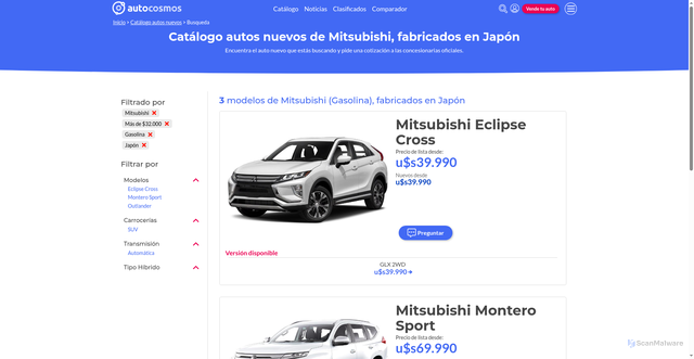 Security scan screenshot of https://www.autocosmos.com.ec/catalogo/segmentos/mitsubishi?p=10&c=2&o=3533