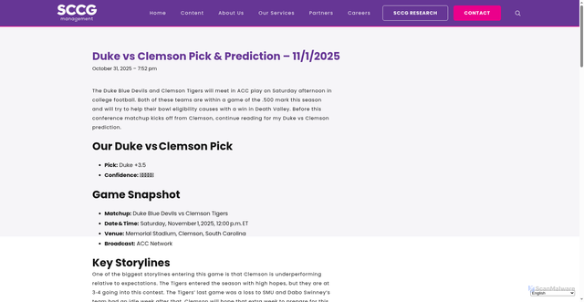 Security scan screenshot of https://sccgmanagement.com/sccg-news/2025/10/31/duke-vs-clemson-pick-prediction-11-1-2025/