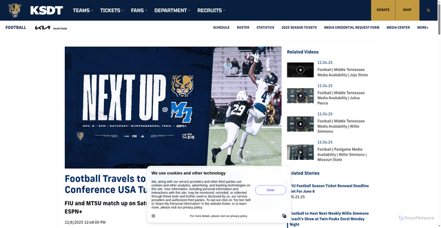 Security scan screenshot of https://fiusports.com/news/2025/11/6/football-travels-to-middle-tennessee-for-conference-usa-tussle-with-blue-raiders.aspx