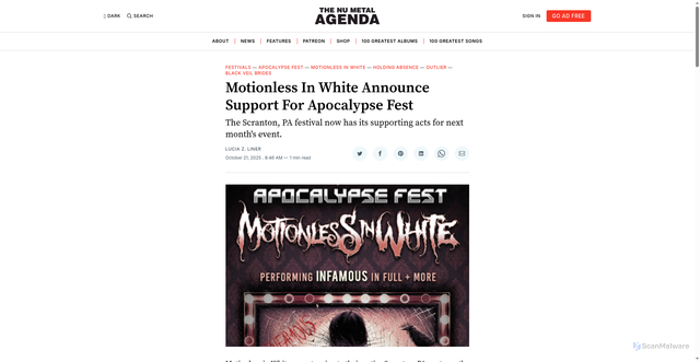 Security scan screenshot of https://numetalagenda.com/motionless-in-white-announce-support-for-apocalypse-fest/