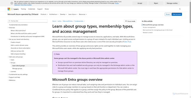 Security scan screenshot of https://docs.azure.cn/en-us/entra/fundamentals/concept-learn-about-groups