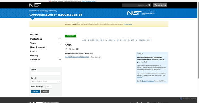 Security scan screenshot of https://csrc.nist.gov/glossary/term/apec