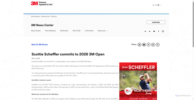 Security scan screenshot of https://news.3m.com/Scottie-Scheffler-commits-to-2026-3M-Open