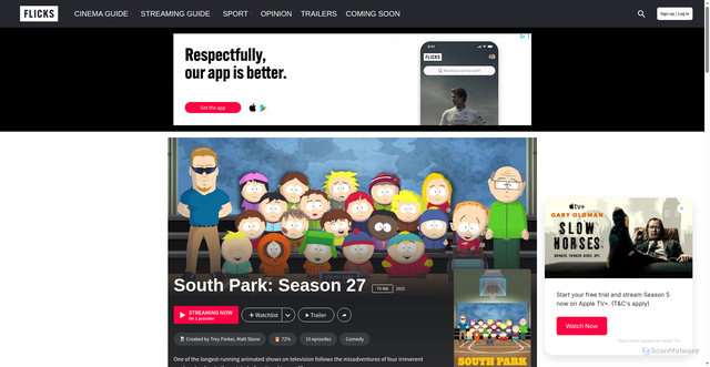 Security scan screenshot of https://www.flicks.co.nz/tv/south-park-season-27/
