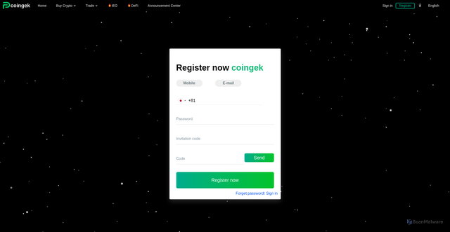 Security scan screenshot of https://coingekx.com/Login/register