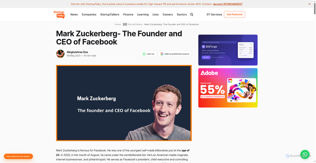 Security scan screenshot of https://startuptalky.com/mark-zuckerberg-founder-ceo-facebook/