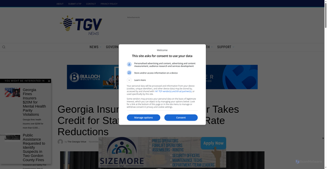 Security scan screenshot of https://www.thegeorgiavirtue.com/georgia-politics/georgia-insurance-commissioner-takes-credit-for-state-farm-insurance-rate-reductions/