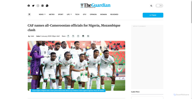 Security scan screenshot of https://guardian.ng/sport/football/caf-names-all-cameroonian-officials-for-nigeria-mozambique-clash/
