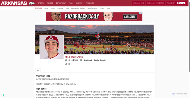 Security scan screenshot of https://arkansasrazorbacks.com/roster/kade-smith/