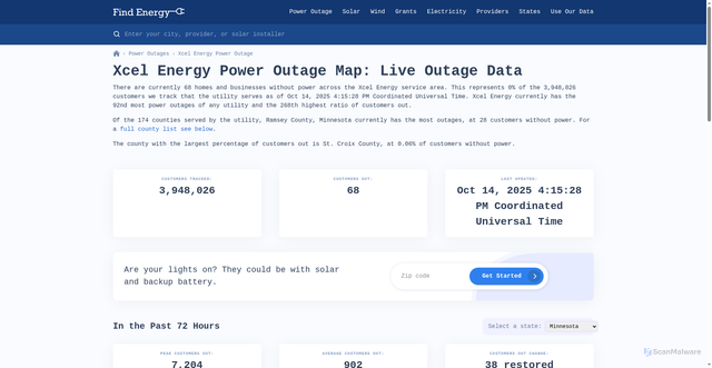 Security scan screenshot of https://findenergy.com/providers/xcel-energy/power-outage/
