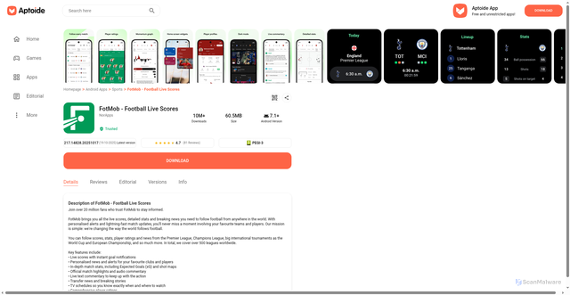 Security scan screenshot of https://fotmob.en.aptoide.com/app