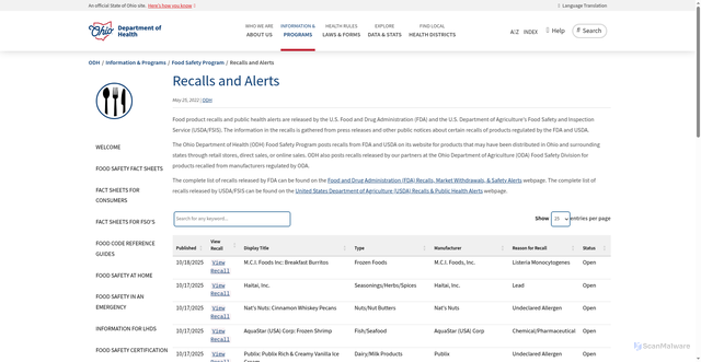Security scan screenshot of https://odh.ohio.gov/know-our-programs/food-safety-program/food-recalls