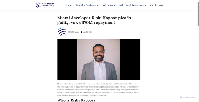 Security scan screenshot of https://amlnetwork.org/aml-news/miami-developer-rishi-kapoor-pleads-guilty-vows-70m-repayment/