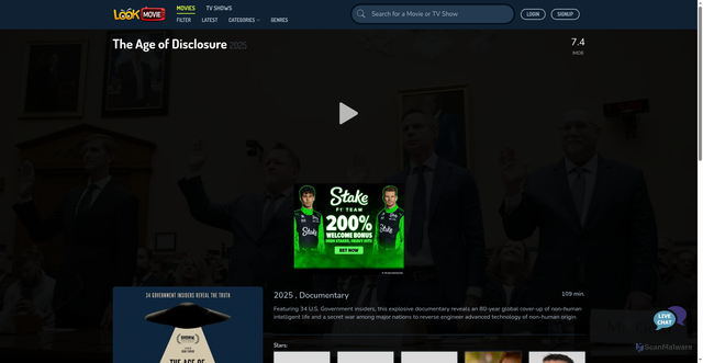 Security scan screenshot of https://www.lookmovie2.to/movies/view/35520315-the-age-of-disclosure-2025