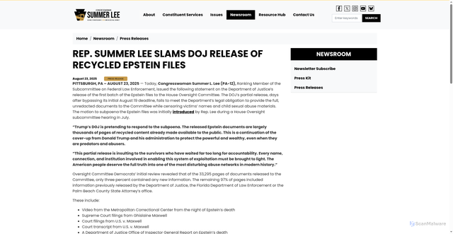 Security scan screenshot of http://summerlee.house.gov/newsroom/press-releases/rep-summer-lee-slams-doj-release-of-recycled-epstein-files
