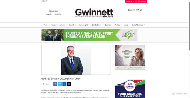 Security scan screenshot of https://gwinnettmagazine.com/guts-ed-bastian-ceo-delta-air-lines/