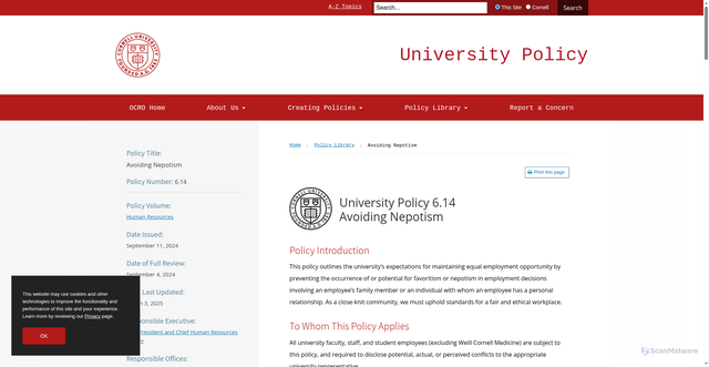 Security scan screenshot of https://policy.cornell.edu/policy-library/avoiding-nepotism