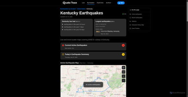 Security scan screenshot of https://quaketrace.com/earthquakes/united-states/kentucky/