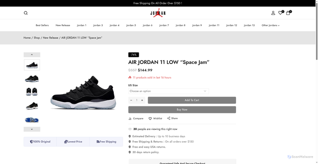 Security scan screenshot of https://www.jordacnofficial.us.com/products/air-jordan-11-low-space-jam/