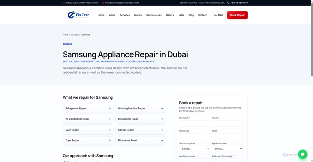 Security scan screenshot of https://fixtechappliancesrepair.online/brands/samsung