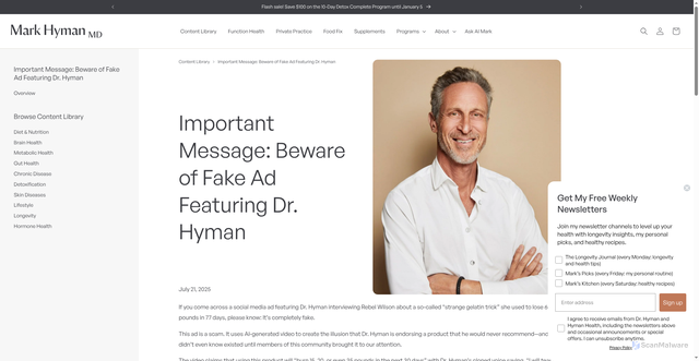 Security scan screenshot of https://drhyman.com/blogs/content/important-message-beware-of-fake-ad-featuring-dr-hyman