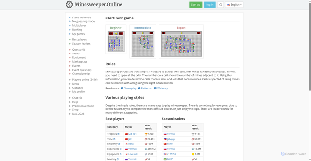 Security scan screenshot of https://minesweeper.online/