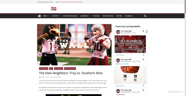 Security scan screenshot of https://thetrojanwall.com/the-new-neighbors-troy-vs-southern-miss/