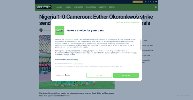Security scan screenshot of https://soccernet.ng/2024/02/nigeria-vs-cameroon-esther-okoronkwos-strike-sends-super-falcons-to-olympic-qualifiers-finals.html