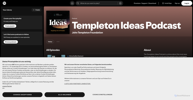 Security scan screenshot of https://open.spotify.com/show/3YOD3Evupsbi8sFs8TS6d3?utm_source=Receive+News+from+the+John+Templeton+Foundation&utm_campaign=b0c06dd35a-EMAIL_CAMPAIGN_2026_templetonideas_20260304&utm_medium=email&utm_term=0_-42837b4b08-97355777