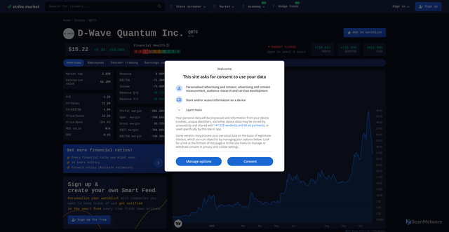 Security scan screenshot of https://strike.market/stocks/QBTS