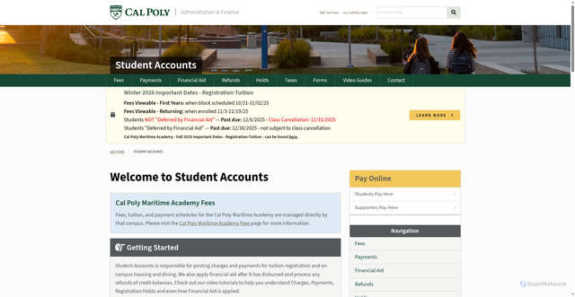 Security scan screenshot of https://afd.calpoly.edu/student-accounts/