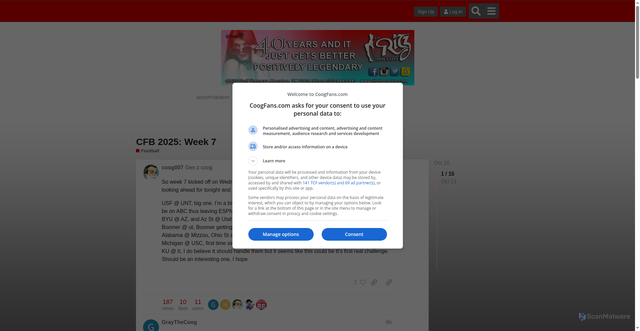 Security scan screenshot of https://www.coogfans.com/t/cfb-2025-week-7/64720