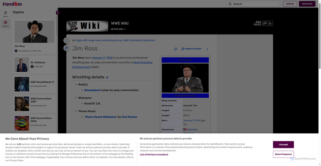 Security scan screenshot of https://worldwrestlingentertainment.fandom.com/wiki/Jim_Ross