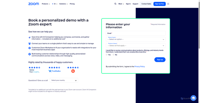 Security scan screenshot of https://www.zoom.com/en/contact/live-demo/