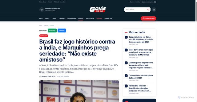 Security scan screenshot of https://www.goiasnoar.com.br/brasil-faz-jogo-historico-contra-a-india-e-marquinhos-prega-seriedade-nao-existe-amistoso/