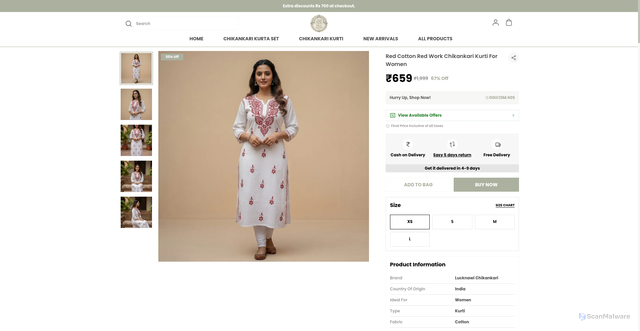 Security scan screenshot of https://pkzlucknawichikan.com/Red-Cotton-Red-Work-Chikankari-Kurti-For-Women/catalogue/q6jPWWBV/Kh6iFoVy