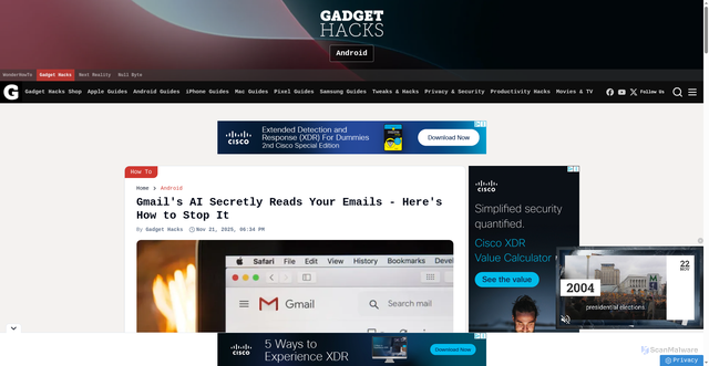 Security scan screenshot of https://android.gadgethacks.com/how-to/gmails-ai-secretly-reads-your-emails-heres-how-to-stop-it/